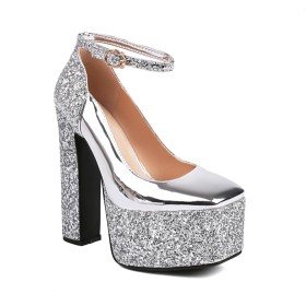 Chunky Heel Block Heel With Ankle Strap Square Toe Patent 15 cm High Heel Sandals Glitter Platform Formal Dress Shoes Silver Belt Buckle
