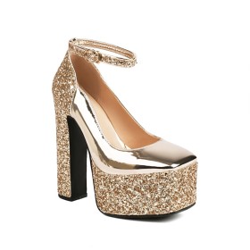 Blockabsatz 15 cm High Heels Mode Glitzernden Lack Plateau Gold Elegante Sandaletten Ausgehen Absatzschuhe Geschlossene Zehe Blockfarben Pailletten