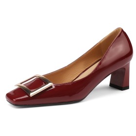 2023 Square Toe With Buckle Patent Fashion 6 cm Mid Heels Chunky Business Casual Block Heel Beautiful Pumps Burgundy