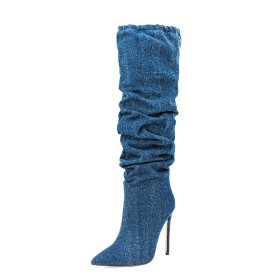 Tacco A Spillo Punta Chiusa In Jeans Classiche Blu Scuro Tacco Alto Stivali Alti