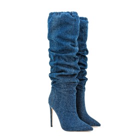 Donkerblauwe Klassiek Highheel Denim Naaldhakken Hoge Laarzen Knie Laarzen