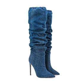 Slate Blue Stilettos Knee High Boots For Women Slouch Denim 12 cm High Heels Classic Tall Boots