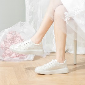 Bridals Wedding Shoes Stylish Lace Platform With Flower Flat Shoes Sneakers Comfort Lace Up