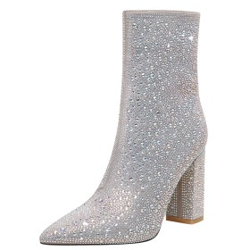 4 inch High Heel Block Heel Ankle Boots For Women Sparkly Chunky Heel Dressy Shoes Silver Faux Leather