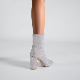 Imitatieleer Blok Hak Sparkle Enkellaarsjes Elegante Spitse Neus Zilver High Heel