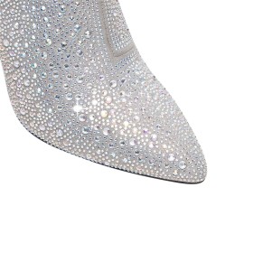 Imitatieleer Blok Hak Sparkle Enkellaarsjes Elegante Spitse Neus Zilver High Heel