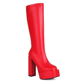 Block Heels Faux Leather Full Grain Red Classic 6 inch High Heeled Knee High Boot Platform Tall Boots