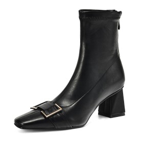 Schwarz 6 cm Mittlerer Absatz Karree Spitze Mit Absatz Brosche Genarbte Leder Winter Retro Stretch Blockabsatz Stiefeletten