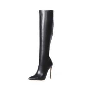Black Tall Boot Stilettos Fur Lined Knee High Boots Stretchy Classic 12 cm High Heeled