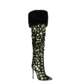 Fur High Heels Tall Boots Faux Leather Vintage Stilettos Thigh High Boots Slouch Classic Floral 2022 Green