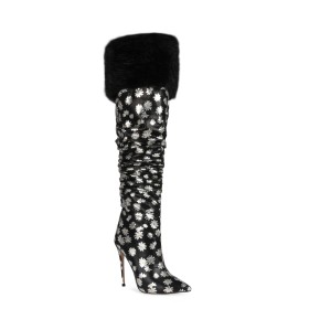 Vintage Gefütterte Herbst Slouch Klassisch Ausgehen Mit 12 cm High Heels Schwarze Blümchen Hohe Stiefel Stiletto Spitz Overknees