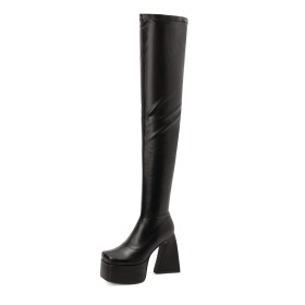 Faux Leather Thigh High Boots Platform Block Heels Chunky Modern Stretch Tall Boots High Heel Fur Lined