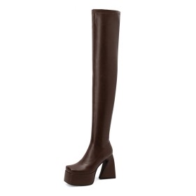 Tall Boots Block Heel Square Toe Modern Platform Faux Leather Thigh High Boots For Women 13 cm High Heels Stretchy Fur Lined Chunky Heel Sexy Sock