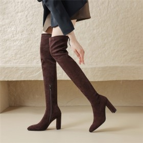 Vintage Overknee Laarzen Sock Boots Highheel Mode Hoge Laarzen Dames Blok Hak Suède