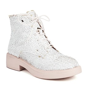 White Comfortable Lace Up Winter Flat Shoes Sequin Round Toe Sparkly Ankle Boots For Women