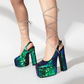 Touwtjes Pumps Sparkle Glitter 15 cm Hoge Hakken Schoen Steentjes Feestschoenen Blokhak Plateau