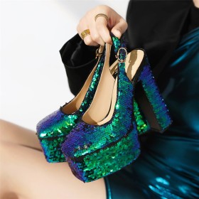 Touwtjes Pumps Sparkle Glitter 15 cm Hoge Hakken Schoen Steentjes Feestschoenen Blokhak Plateau