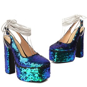 Touwtjes Pumps Sparkle Glitter 15 cm Hoge Hakken Schoen Steentjes Feestschoenen Blokhak Plateau