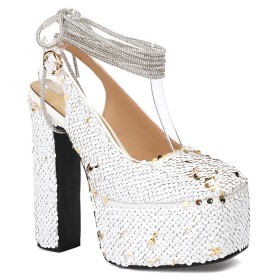 Sparkly Block Heels 15 cm High Heel Thick Heel Modern Ombre Dress Shoes Glitter White Slingbacks Closed Toe Ankle Tie Pumps