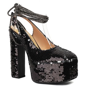 Black Sequin Ankle Wrap Pumps Platform Chunky Heel Block Heels Evening Party Shoes Ombre 15 cm High Heel Sparkly Modern