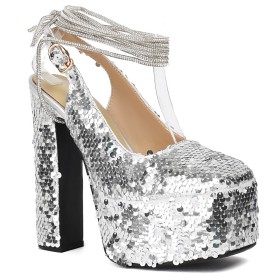 Silver Slingback Platform Sparkly Modern Pumps Ombre Rhinestones Ankle Tie Sequin 6 inch High Heeled Block Heels Party Shoes