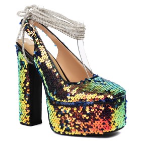 Ombre Chunky Heel High Heel Dressy Shoes Ankle Wrap Sparkly Rhinestones Block Heels Sequin Closed Toe Pumps Stylish