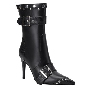 Black With Buckle Knee High Boot For Women Tall Boot Studded Stiletto Belt Buckle Fashion Booties Combat Boots 10 cm High Heel