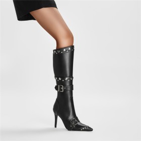 Zwarte Enkellaarsjes Dames Knie Laarzen Combat Boots Hoge Laarzen Dames High Heel Met Studs