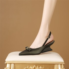 Comfortable 6 cm Mid Heel Classic Shoes Slingback Pumps Wedges Business Casual Satin Leather Belt Buckle