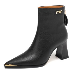 Originale Talons Carrés Hiver Bottine Femme Classique Fermeture Éclair Cuir Grainé Talons Epais Embout Métallique Talon Haut 8 cm Fourrees