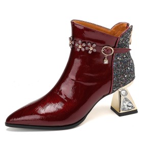 Strass Bottines Cuir Paillettes Vernis Bout Pointu Hiver Talon Epais Brillante À Talon