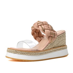 Simili Cuir Compensées Bout Ouvert Sandale Femmes Plage Espadrille Bijoux En Métal Talon 10 cm Ete Rose Poudré Slip On Claquette