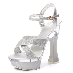 Peeptoe Imitatieleer Zilveren Glitter Formele Met Enkelbandje Blok Hak Ronde Neus Sandaal 15 cm High Heel Plateau Sparkle