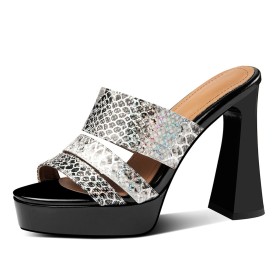 Plateau Blokhakken Sparkle Zwarte Glitter Leer Hoge Hakken Muiltje Sandalen