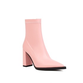 Classic Faux Leather Pointed Toe Patent Comfort Block Heel Chunky Casual Ankle Boots High Heels Pink