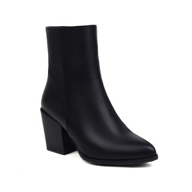 Chunky Heel Booties Mid High Heeled Comfortable Block Heels Full Grain Pointed Toe Business Casual Shoes Faux Leather Classic