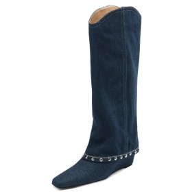 Classique Compensée Replié Boots Femme Fourrees Talon 5 cm Bottes Genoux Confort Denim Cowboy Clouté