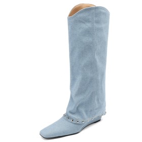 Slip On Cowboy Boot 2 inch Low Heel Light Blue Fur Lined Fold Over Comfort Denim Classic Tall Boot Knee High Boot Wedge Studded Square Toe