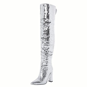 Laarsjes Blokhak Mode Zilveren Metallic Slangenprint Lak Hoge Hakken Overknee Boots