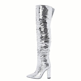 Silver Patent Block Heel Sparkly Tall Boot High Heels Metallic Going Out Shoes Thigh High Boot For Women Faux Leather Chunky Heel Snake Print Fashion