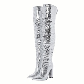 Silver Patent Block Heel Sparkly Tall Boot High Heels Metallic Going Out Shoes Thigh High Boot For Women Faux Leather Chunky Heel Snake Print Fashion