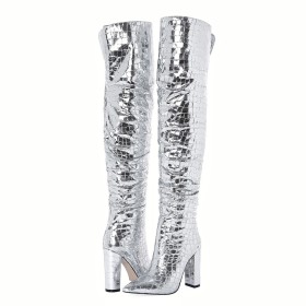 Silver Patent Block Heel Sparkly Tall Boot High Heels Metallic Going Out Shoes Thigh High Boot For Women Faux Leather Chunky Heel Snake Print Fashion