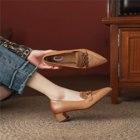 Pointed Toe Elegant Chunky Heel Classic Loafers With Metal Jewelry Comfort Chain Low Heels Block Heels Fur