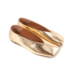 Comfortabele Flats Sparkle Vintage Vierkante Neus Lak Instappers Dames Metallic Leer Gouden Schoen