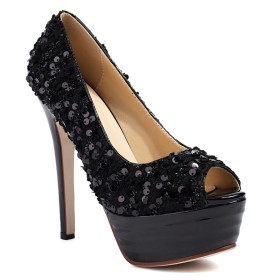 Naaldhak Peep Toe Hoge Hak Pumps Gala Klassiek Kanten Plateauzool Glitter Dames Schoenen