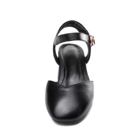 Fashion 2 inch Low Heel Black Round Toe Thick Heel Full Grain Patent Comfortable Closed Toe Block Heel Sandals