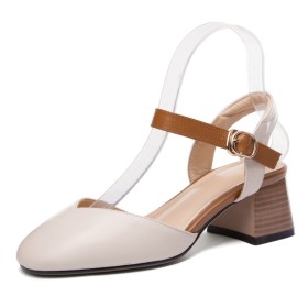 Round Toe Block Heels Ankle Strap Closed Toe Thick Heel Modern Natural Leather Beige 5 cm Low Heel Comfortable Sandals