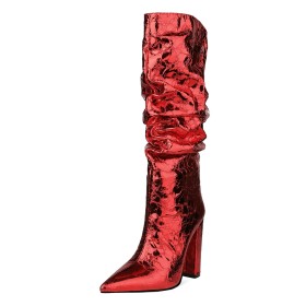 4 inch High Heel Thick Heel Metallic Winter Fur Lined Classic Slouch Knee High Boot Red Tall Boot Pointed Toe Faux Leather Block Heel