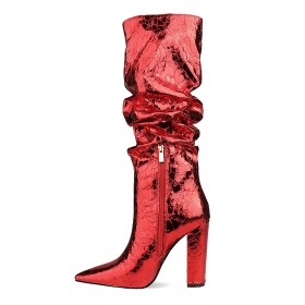 Rote Mit 10 cm Hohe Absatz Metallic Stiefel Mit Blockabsatz Kniehohe Gefütterte Slouch