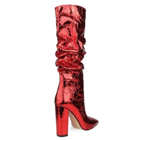 Rote Mit 10 cm Hohe Absatz Metallic Stiefel Mit Blockabsatz Kniehohe Gefütterte Slouch